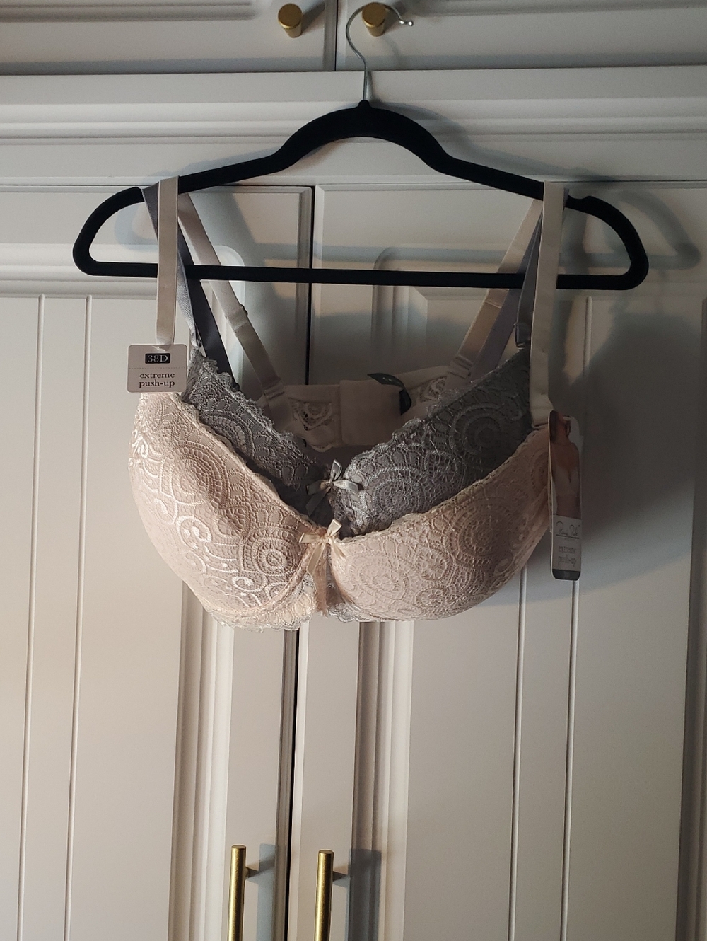 Rene Rofe Two-Tone Lace Push-Up Bra — Cream & Gray 2pc